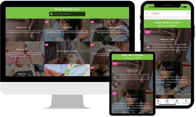 My Healthy Start App displayed on a desktop computer, tablet, and phone