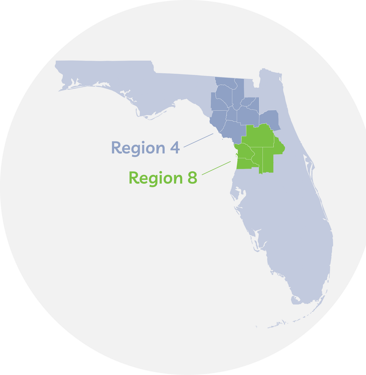 Florida map showing Healthy Start FIMR Regions 4 and 8